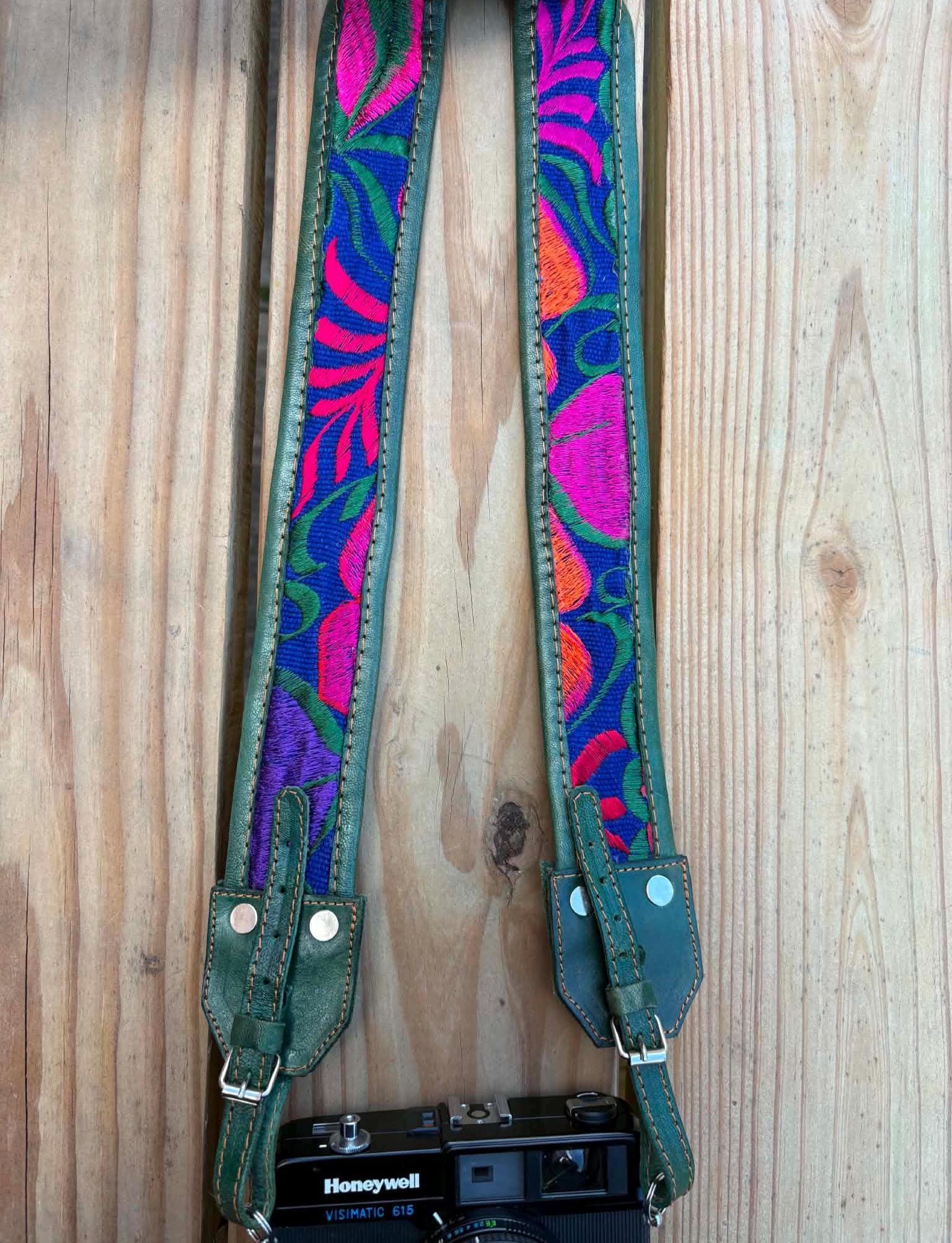 Image of Mexican Floral Embroidered Leather Camera Strap - Handcrafted Artisan DSLR Neck Strap, Photographer Gift