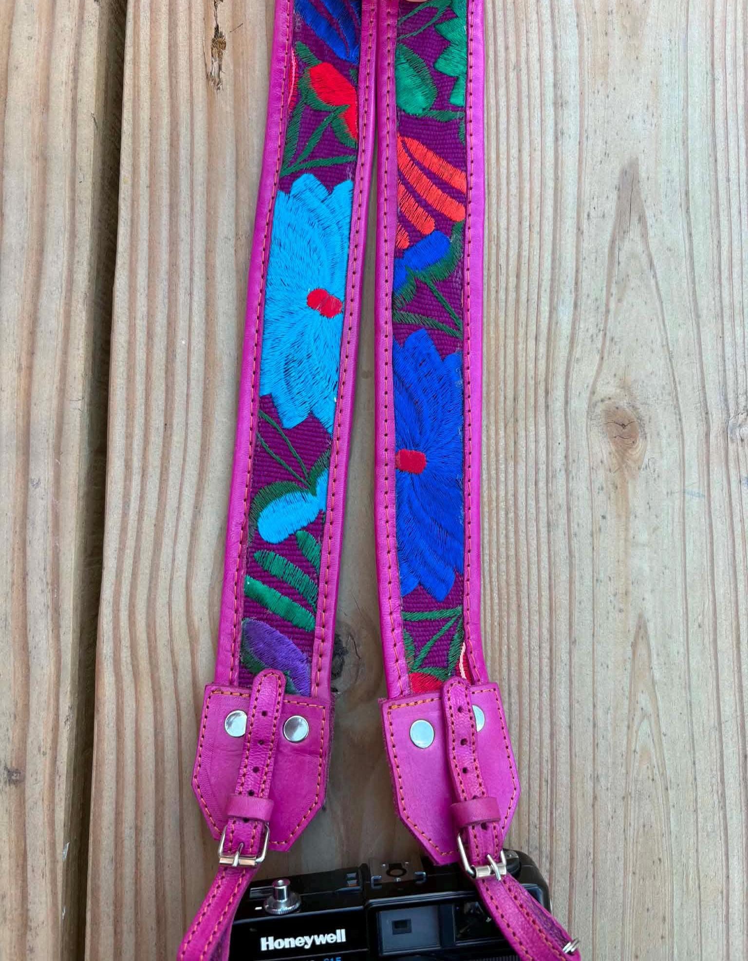 Image of Mexican Floral Embroidered Leather Camera Strap - Handcrafted Artisan DSLR Neck Strap, Photographer Gift