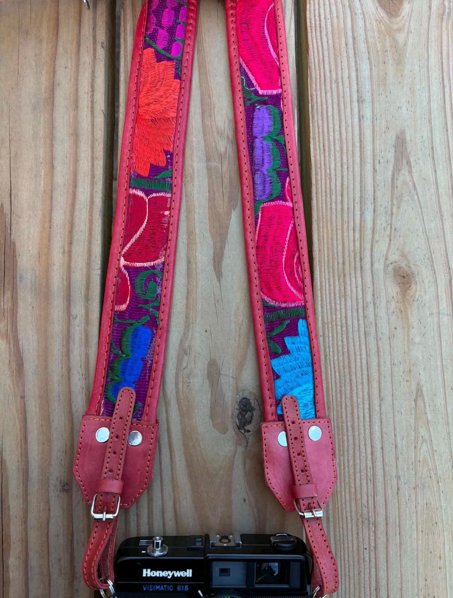 Image of Mexican Floral Embroidered Leather Camera Strap - Handcrafted Artisan DSLR Neck Strap, Photographer Gift