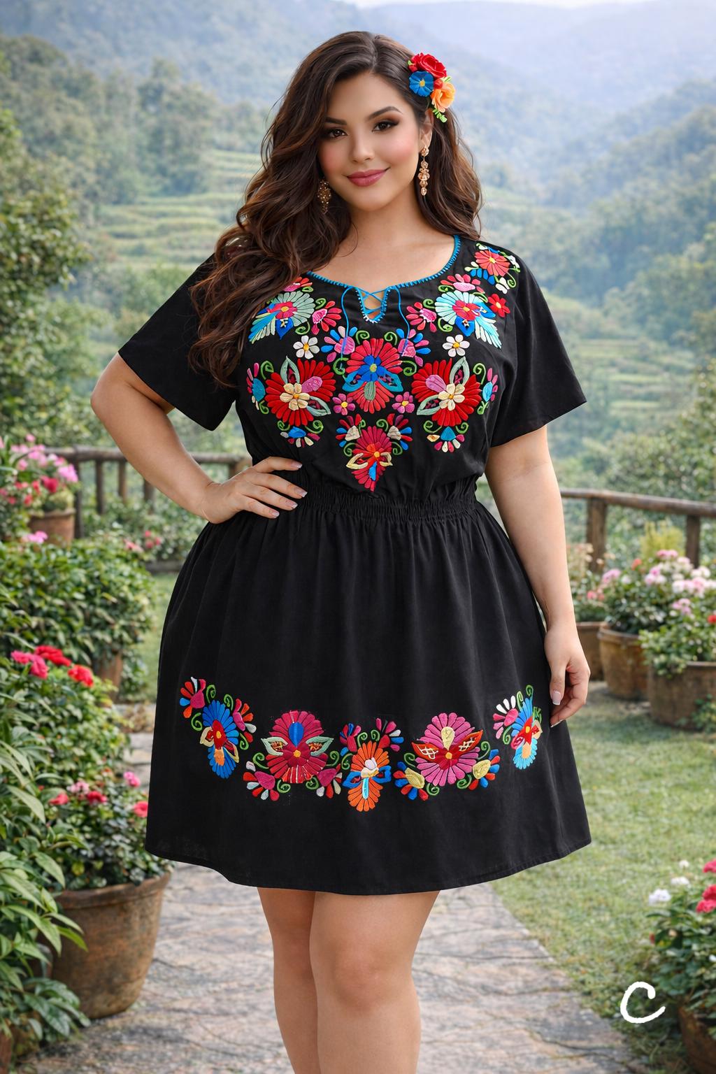 Image of Plus Size (2x) Embroidered Mexican Dress - Handmade Artisanal Dress