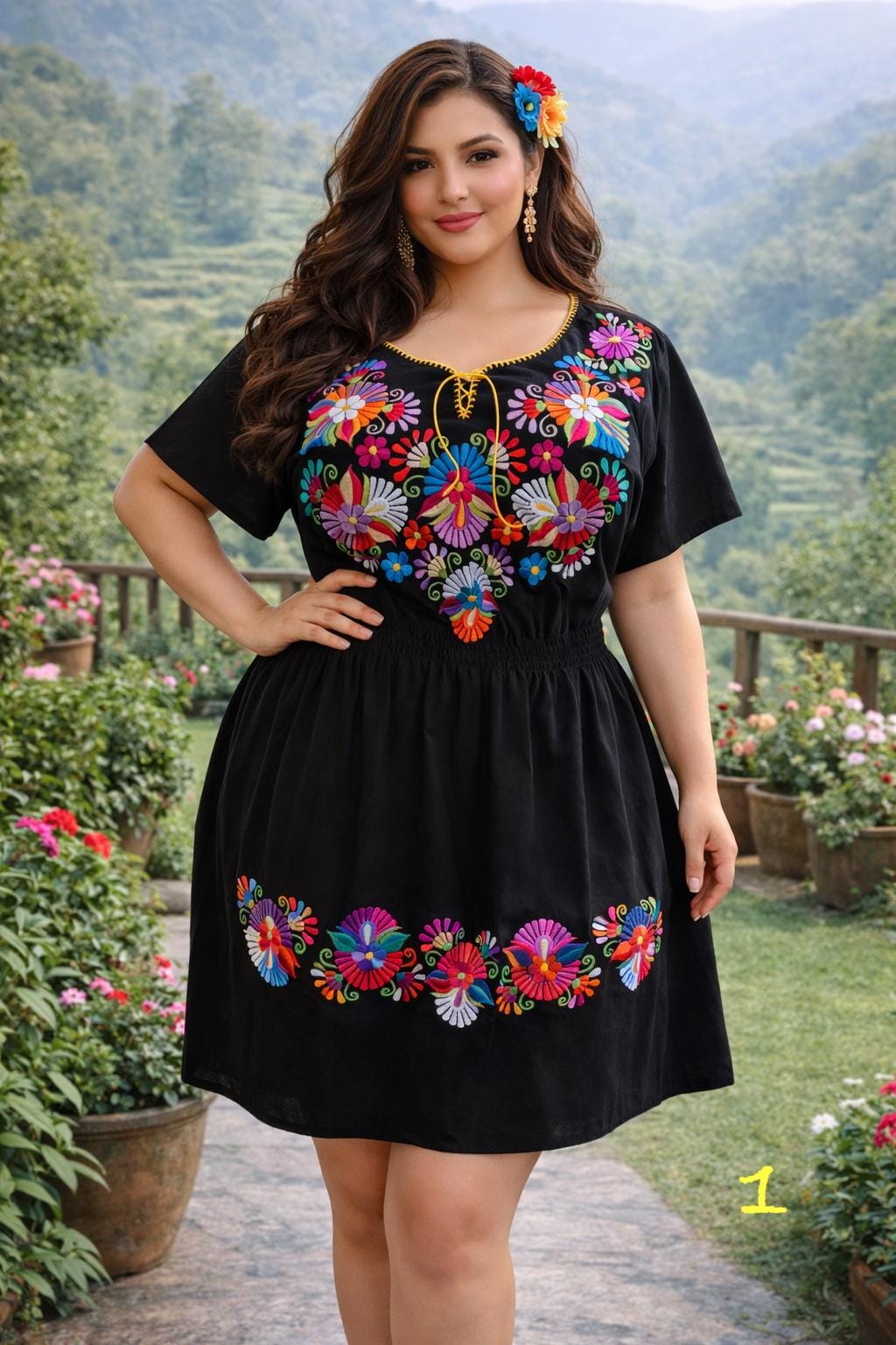 Image of 1X Plus Size Embroidered Mexican Dress - Handmade Artisanal Dress