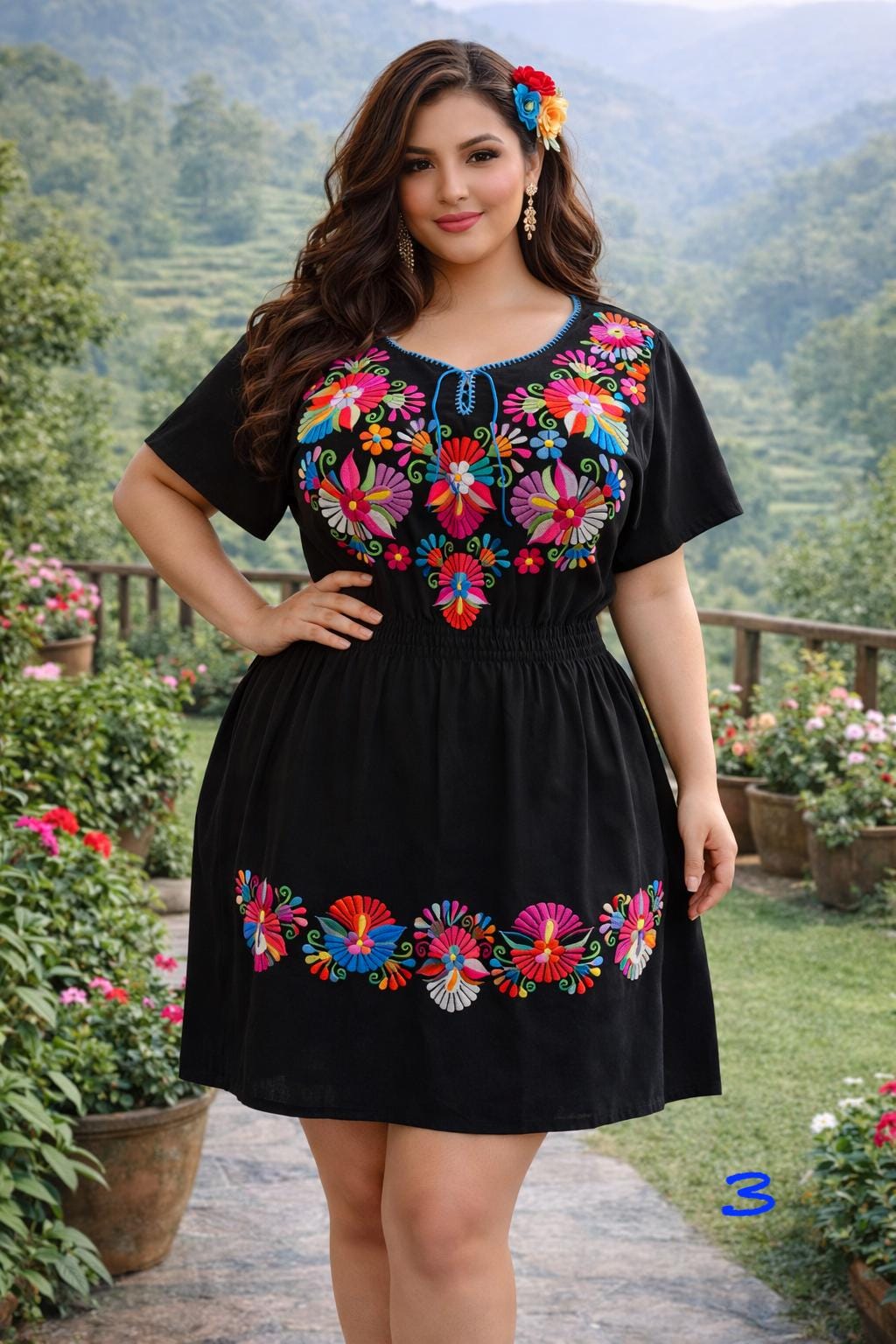 Image of 1X Plus Size Embroidered Mexican Dress - Handmade Artisanal Dress
