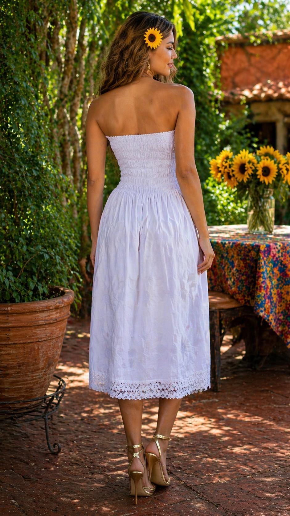 Image of Mexican Embroidered Sunflower Strapless Dress, Artisanal Hand-Embroidered Dress