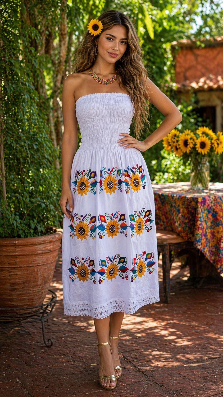 Image of Mexican Embroidered Sunflower Strapless Dress, Artisanal Hand-Embroidered Dress