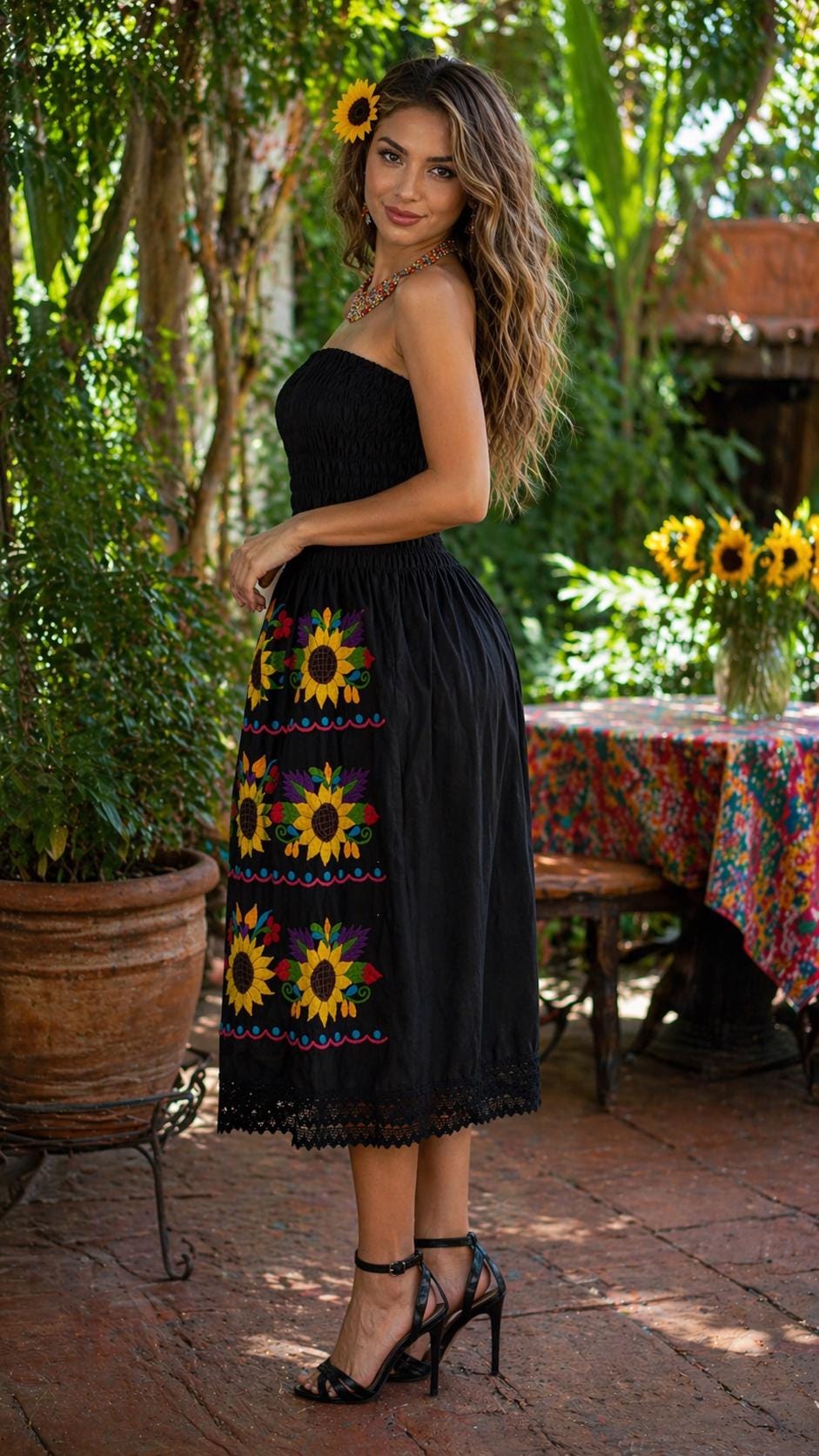 Image of Mexican Embroidered Sunflower Strapless Dress, Artisanal Hand-Embroidered Dress