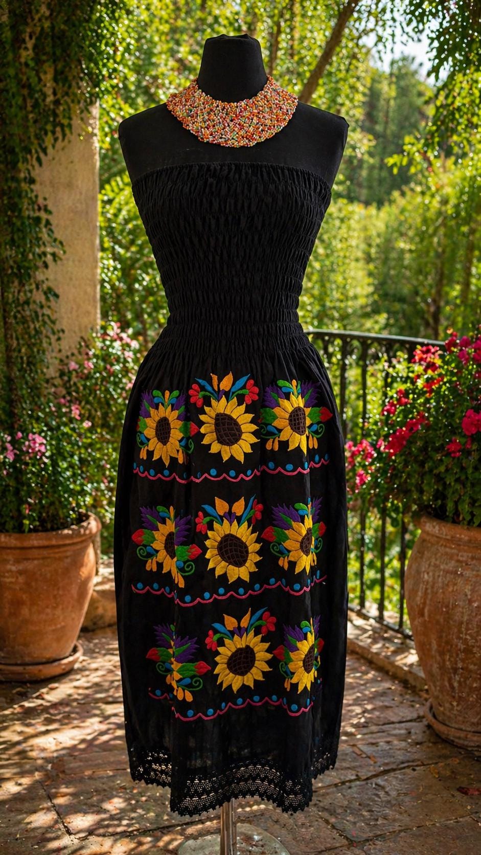 Image of Mexican Embroidered Sunflower Strapless Dress, Artisanal Hand-Embroidered Dress