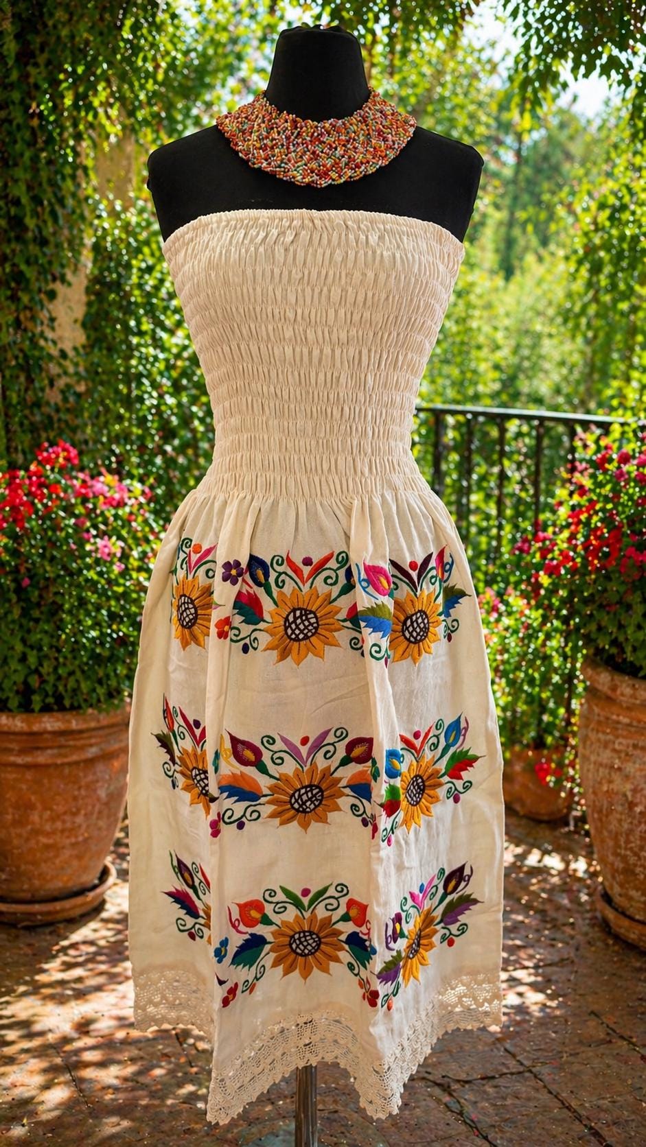 Image of Mexican Embroidered Sunflower Strapless Dress, Artisanal Hand-Embroidered Dress