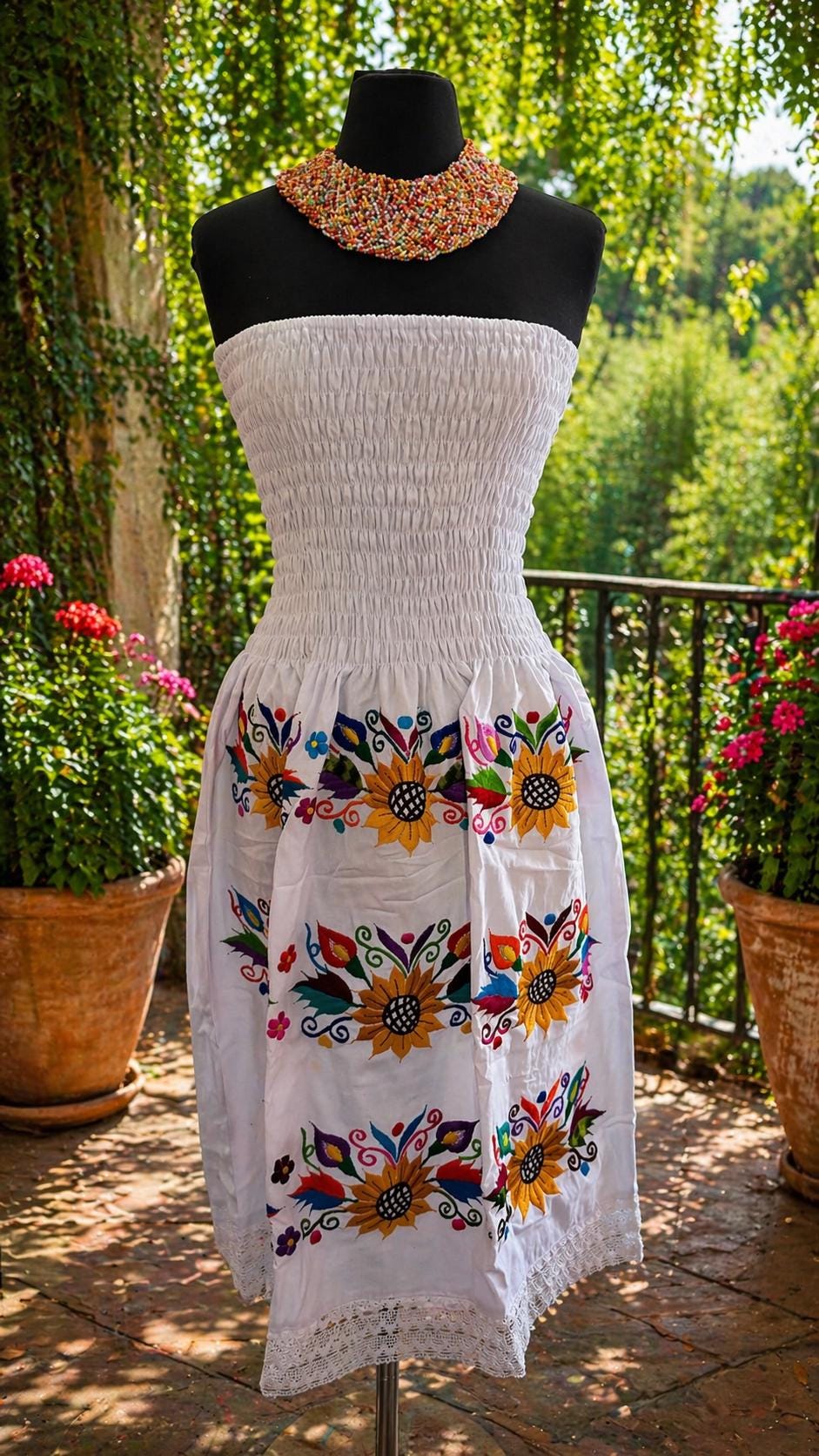 Image of Mexican Embroidered Sunflower Strapless Dress, Artisanal Hand-Embroidered Dress