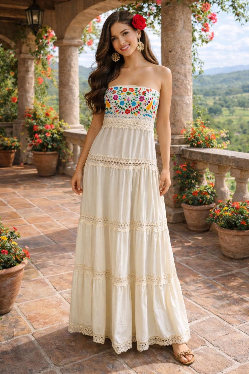 Image of Gorgeous Mexican Hand Embroidered Strapless Dress - Handmade Artisanal Strapless Dress - Hand Embroidered Dress - Small