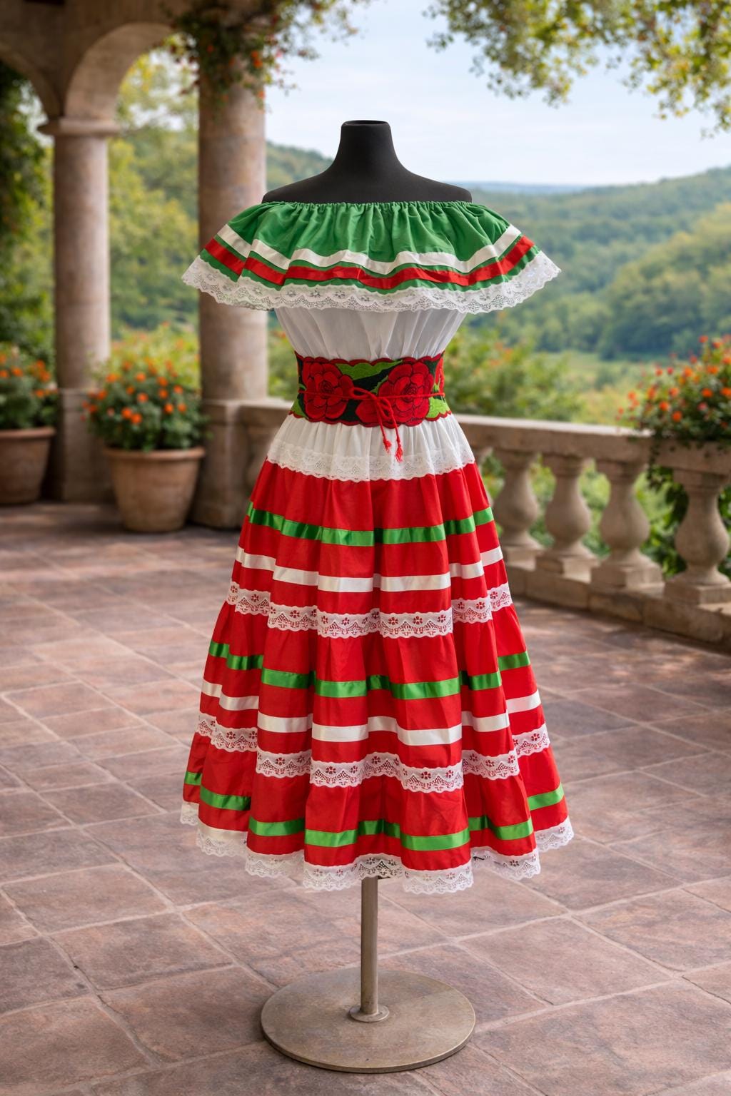 Image of Large - Mexican Dress: Red White Green Embroidered Off-Shoulder Fiesta Outfit - Embroidered belt included