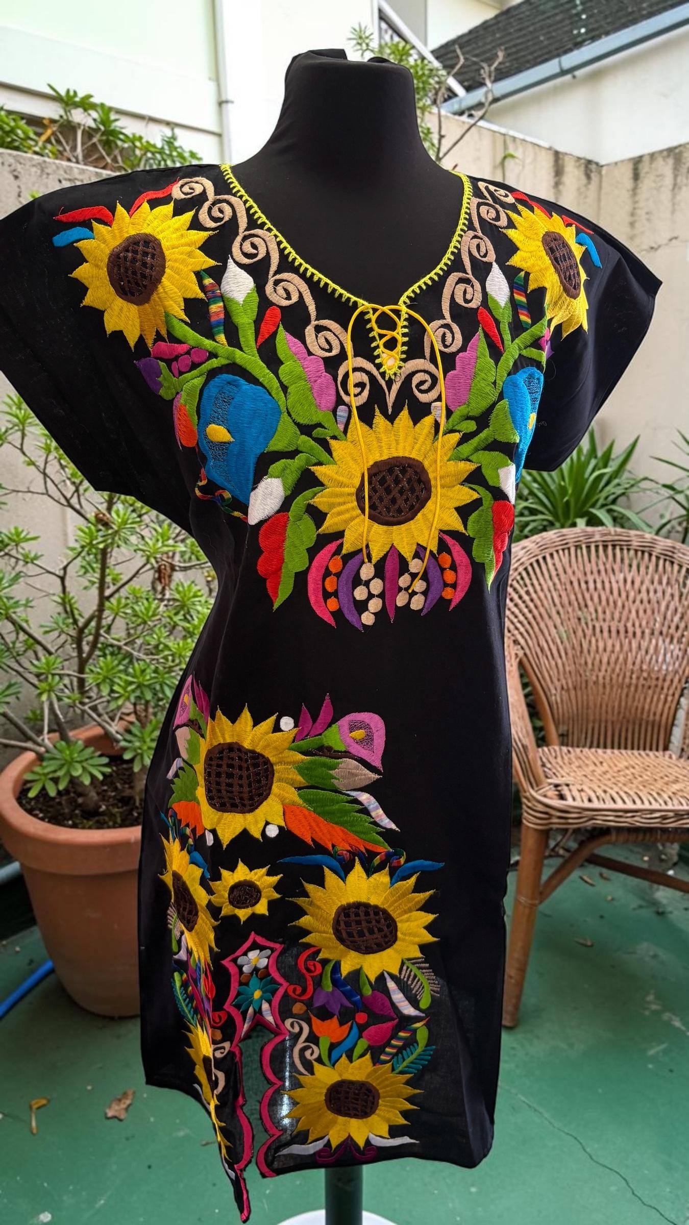 Image of Embroidered Mexican Dress | Black Sunflower Floral Boho Folklorico Style