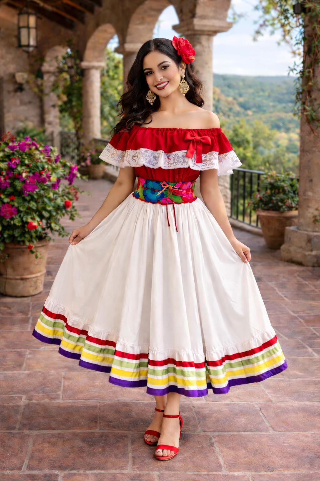 Image of Mexican Folklorico Dance 3 Piece Costume - Vivi Outfit for Cinco de Mayo Celebration - Handmade Women's Outfit