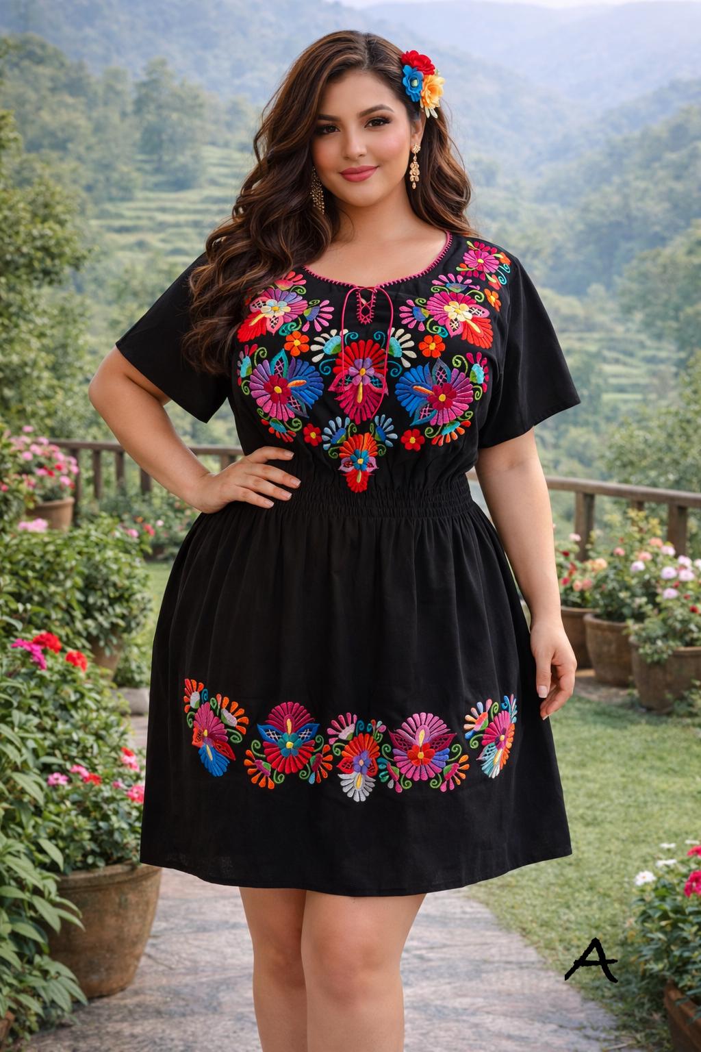 Image of Plus Size (2x) Embroidered Mexican Dress - Handmade Artisanal Dress