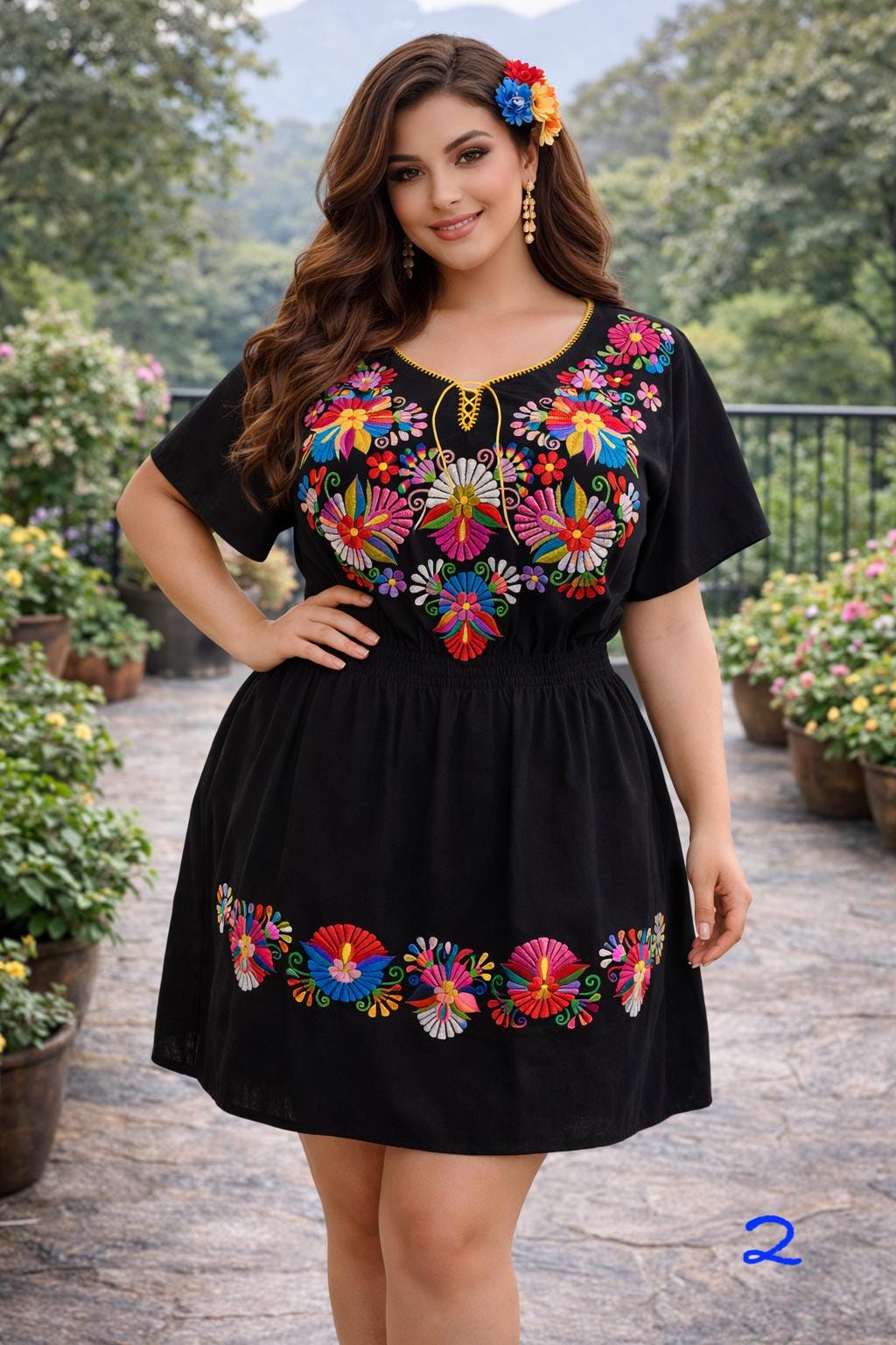 Image of 1X Plus Size Embroidered Mexican Dress - Handmade Artisanal Dress