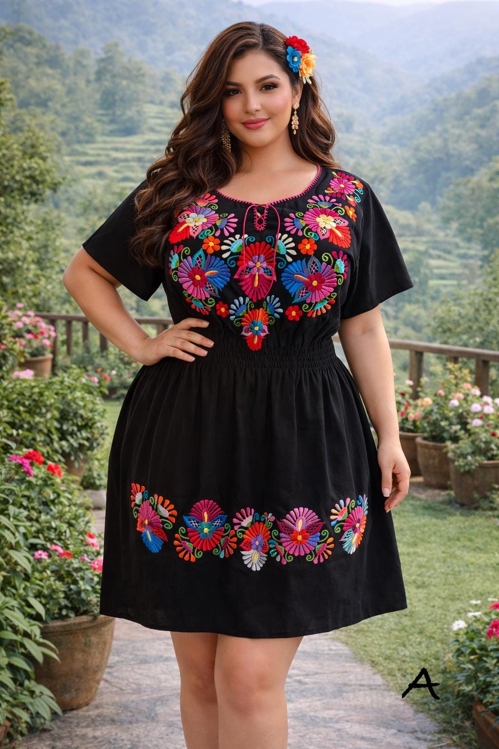 Image of Plus Size (2x) Embroidered Mexican Dress - Handmade Artisanal Dress