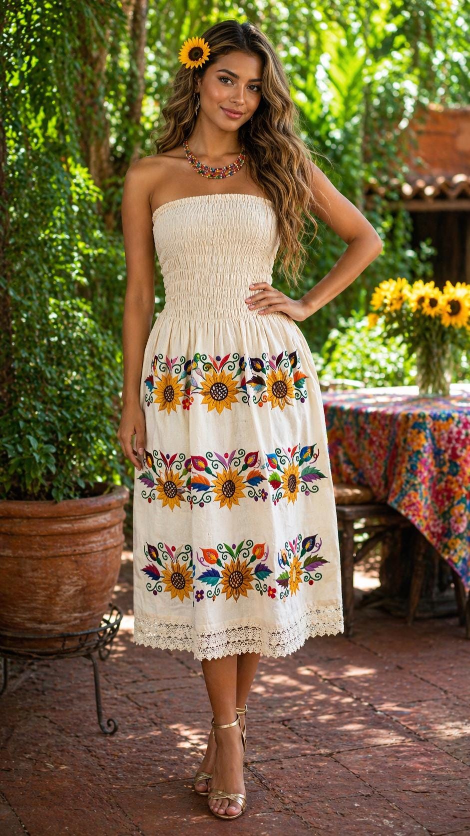 Image of Mexican Embroidered Sunflower Strapless Dress, Artisanal Hand-Embroidered Dress