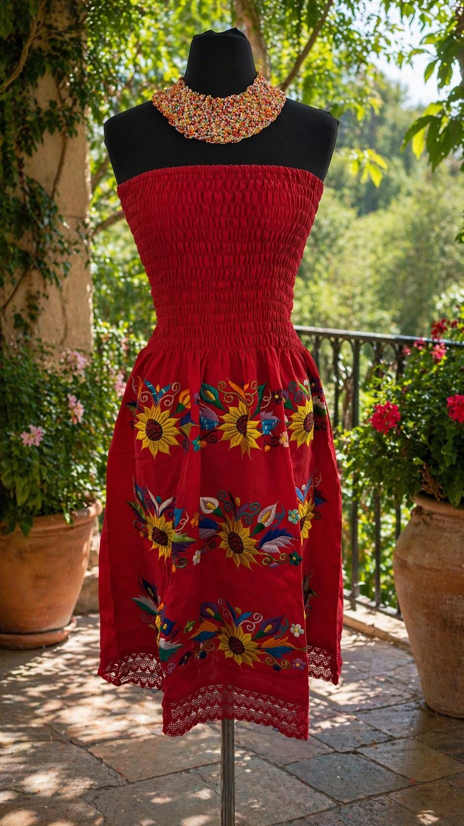 Image of Mexican Embroidered Sunflower Strapless Dress, Artisanal Hand-Embroidered Dress