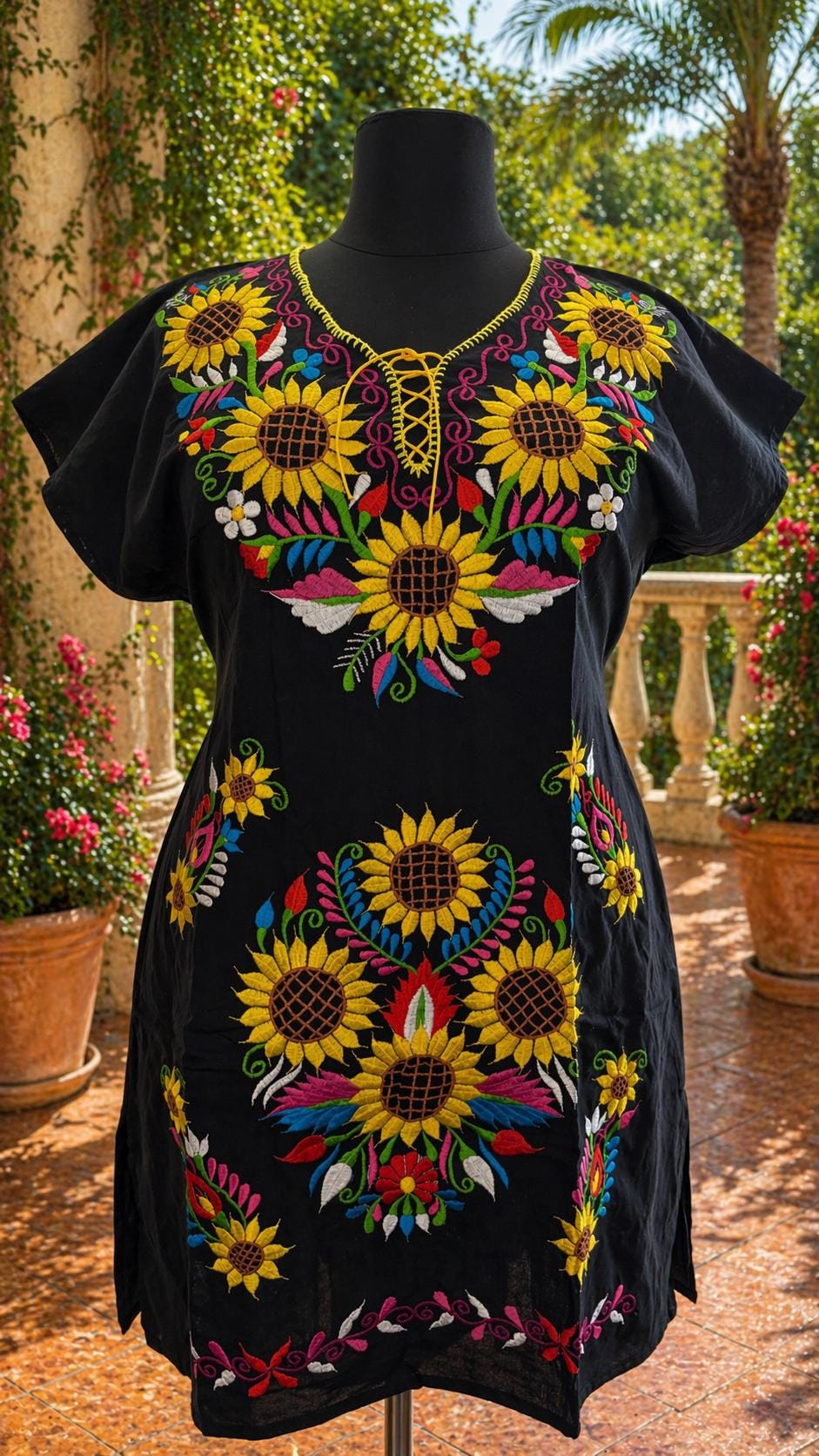 Image of Sunflower Embroidered Artisanal Dress - Embroidered Dress from Chiapas, Mexico
