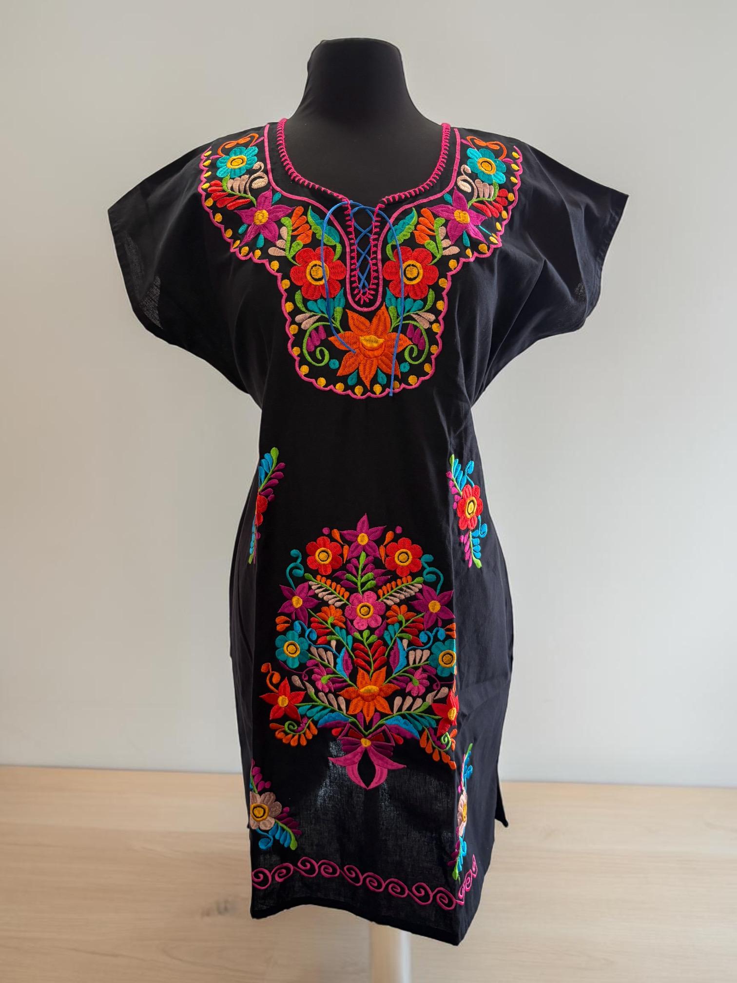 Image of Embroidered Mexican Dress | Black Sunflower Floral Boho Folklorico Style