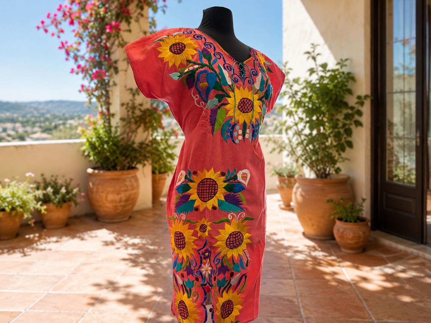Image of Sunflower Mexican Design Embroidered Dress | Boho Floral Fiesta Midi Dress | Traditional Mexican Dress | Medium size
