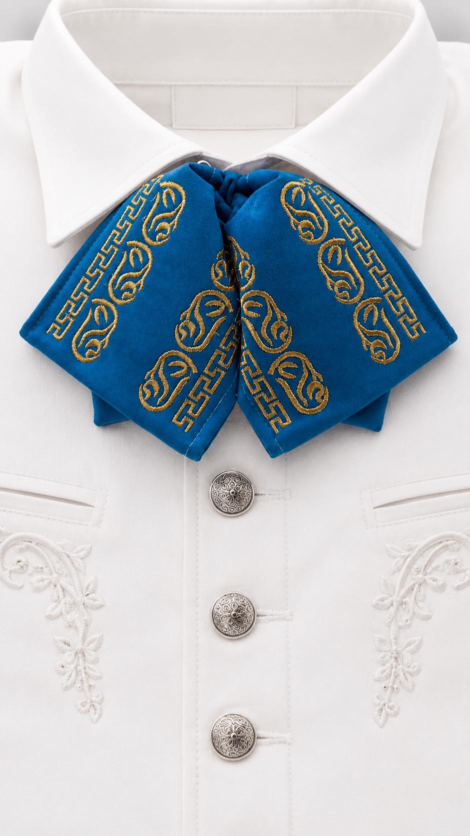 Image of Embroidered Turquoise color Charro Bow Tie | Traditional Mariachi Moño Neck Tie