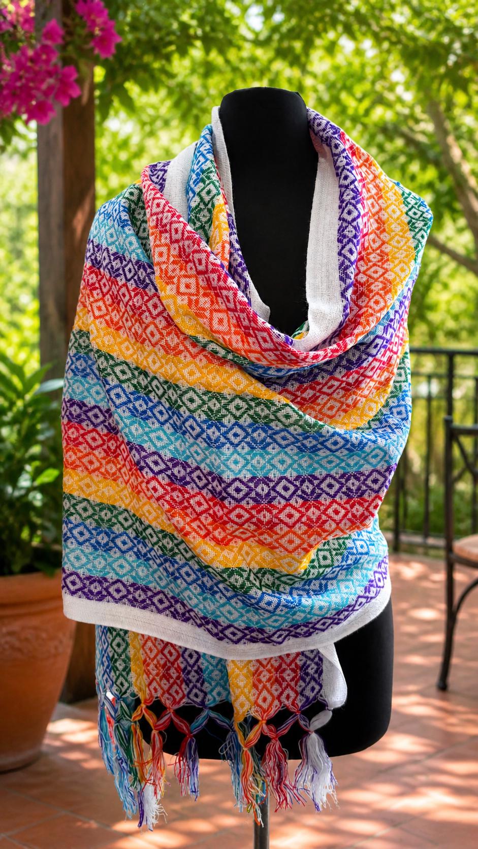 Image of Handmade Mexican White Rebozo Shawl: Artisan Cotton Blend Wrap