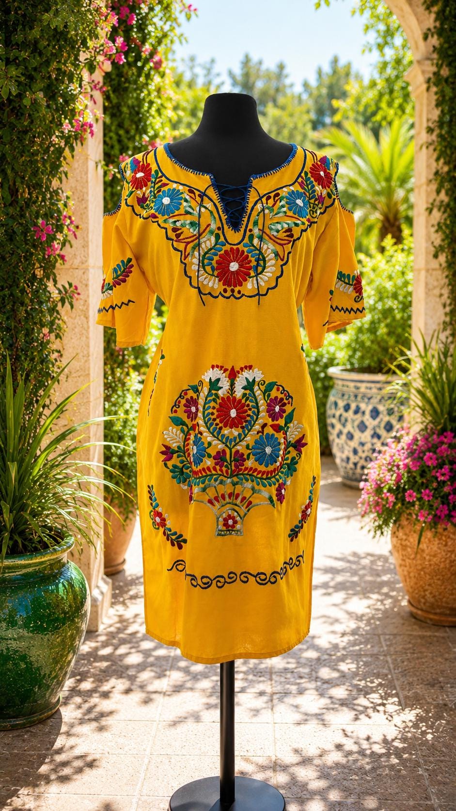Image of Turquoise Mexican Embroidered Dress | Boho Floral Dress Mujer | Handmade Fiesta Dress | Cold Shoulder Dress | Folklorico Style Outfit
