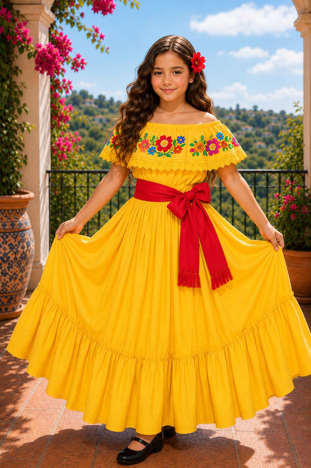 Image of 3 Piece Girls Dance Outfit, Folkloric skirt, Embroidered Ruffle Blouse & matching Belt