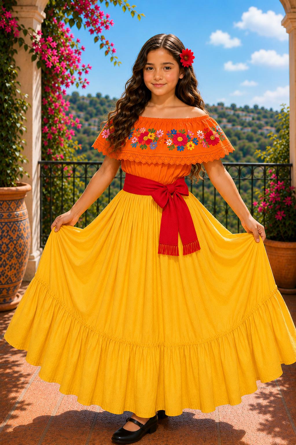 Image of 3 Piece Girls Dance Outfit, Folkloric skirt, Embroidered Ruffle Blouse & matching Belt