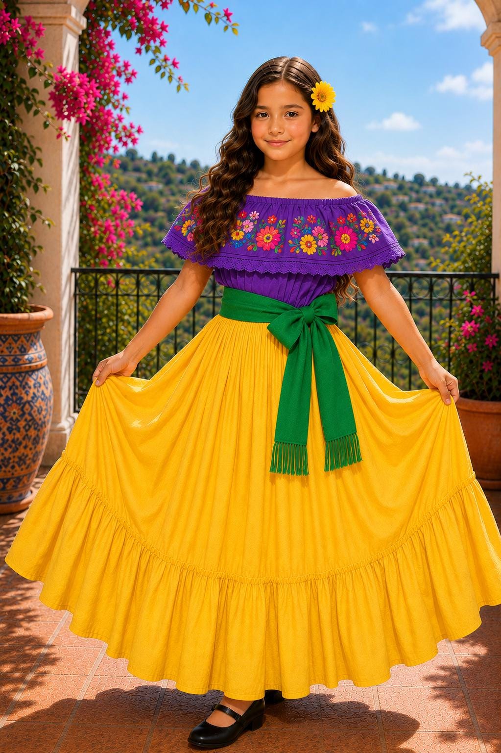 Image of 3 Piece Girls Dance Outfit, Folkloric skirt, Embroidered Ruffle Blouse & matching Belt