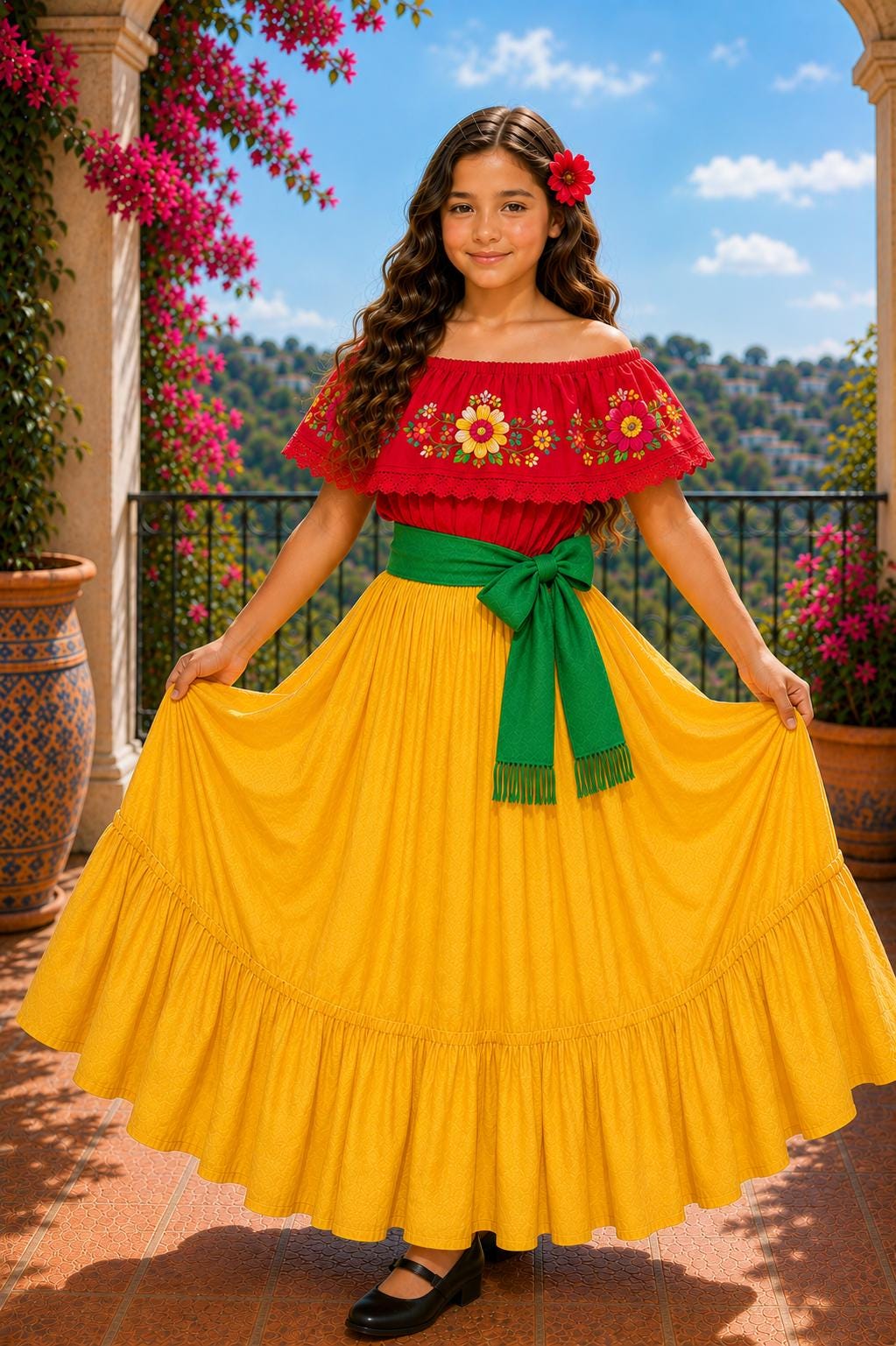 Image of 3 Piece Girls Dance Outfit, Folkloric skirt, Embroidered Ruffle Blouse & matching Belt
