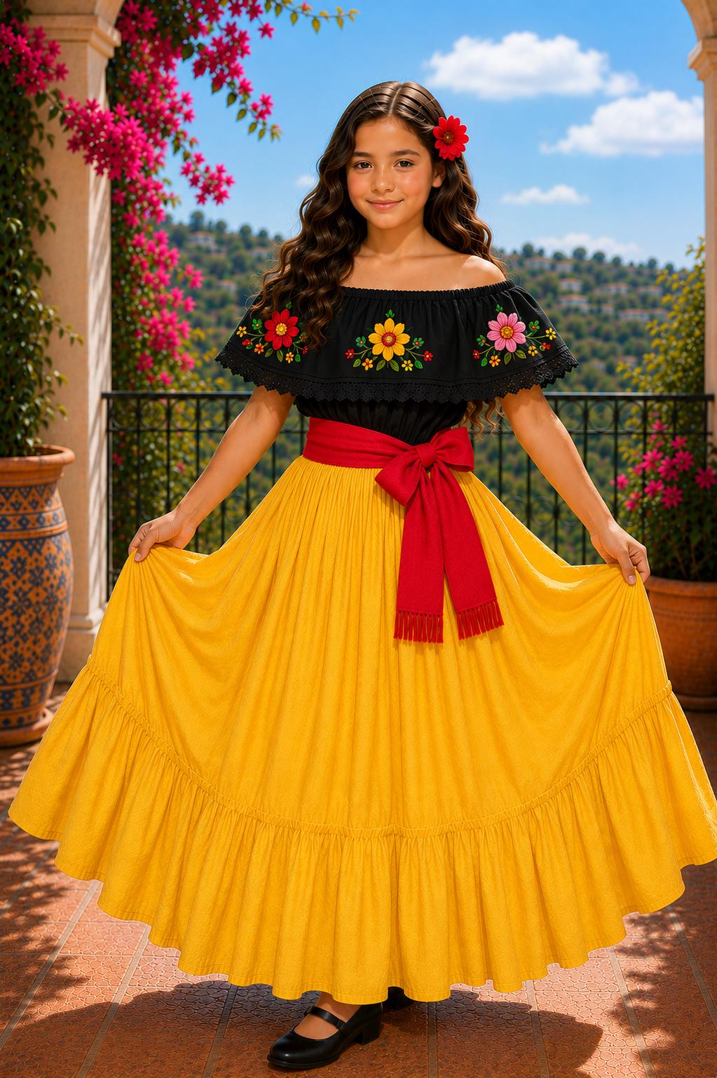 Image of 3 Piece Girls Dance Outfit, Folkloric skirt, Embroidered Ruffle Blouse & matching Belt