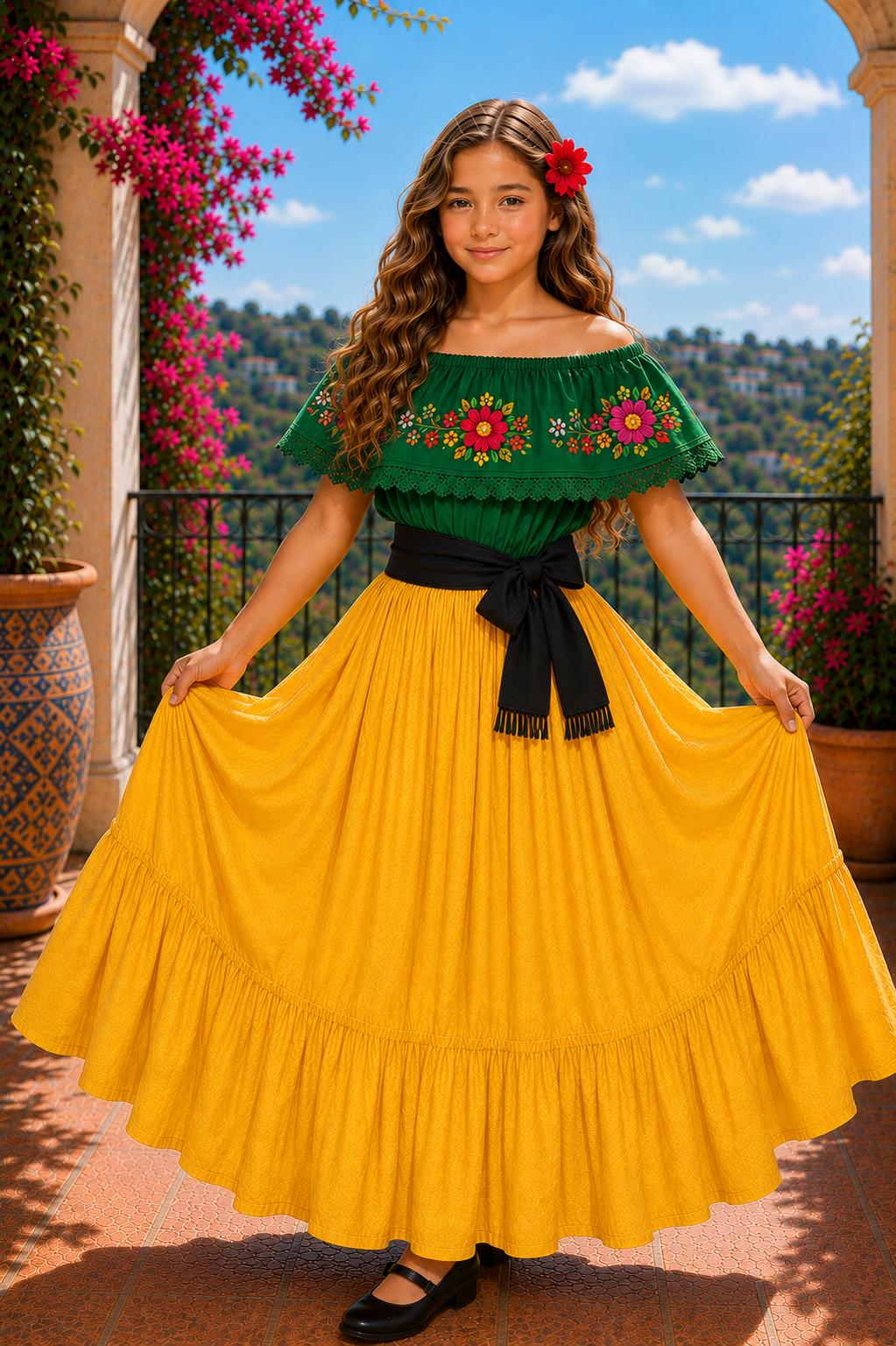 Image of 3 Piece Girls Dance Outfit, Folkloric skirt, Embroidered Ruffle Blouse & matching Belt