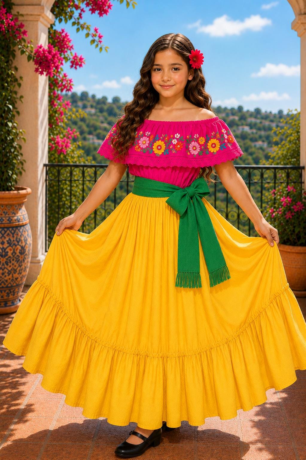 Image of 3 Piece Girls Dance Outfit, Folkloric skirt, Embroidered Ruffle Blouse & matching Belt