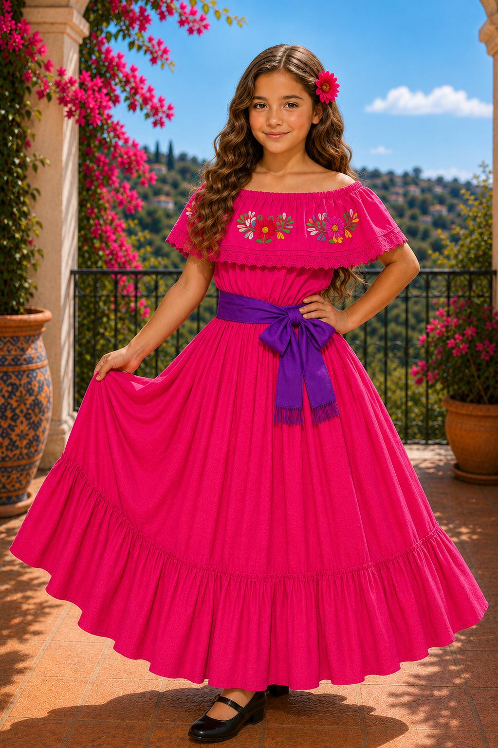 Image of Girls Mexican Embroidered Blouse and Skirt Set – Traditional Dance Clothing