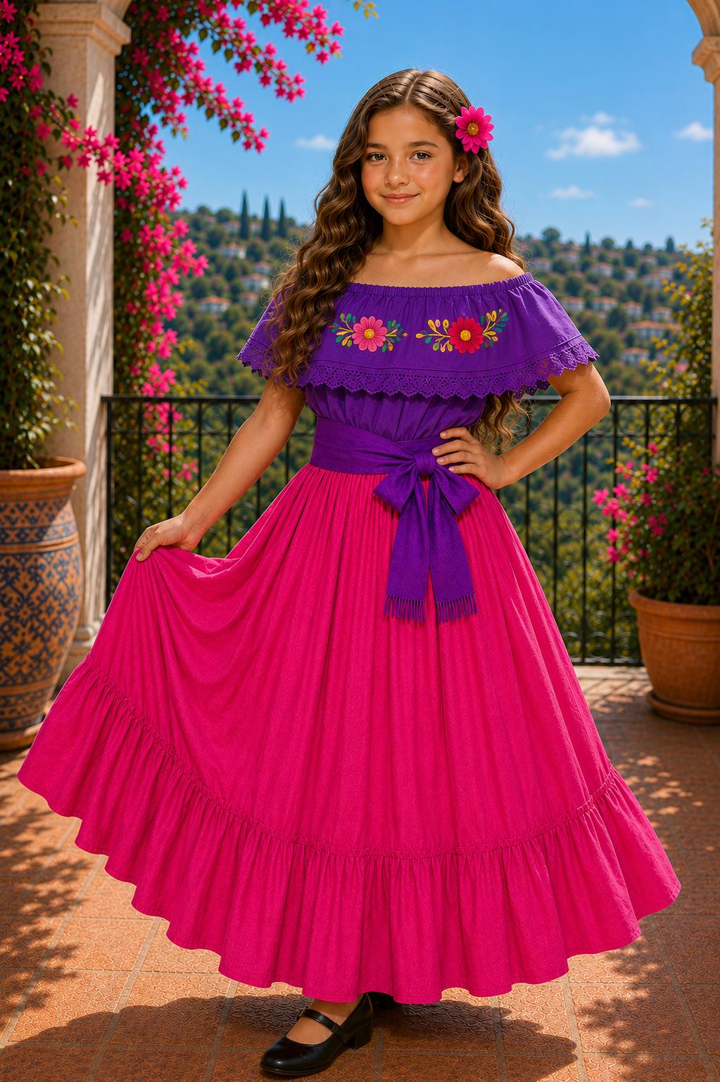 Image of Girls Mexican Embroidered Blouse and Skirt Set – Traditional Dance Clothing