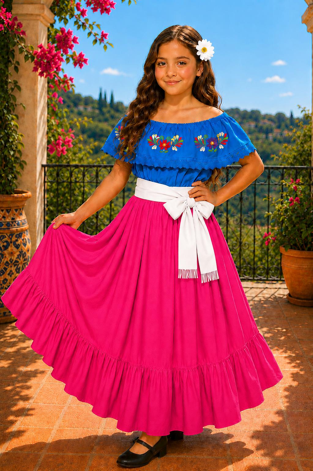Image of Girls Mexican Embroidered Blouse and Skirt Set – Traditional Dance Clothing
