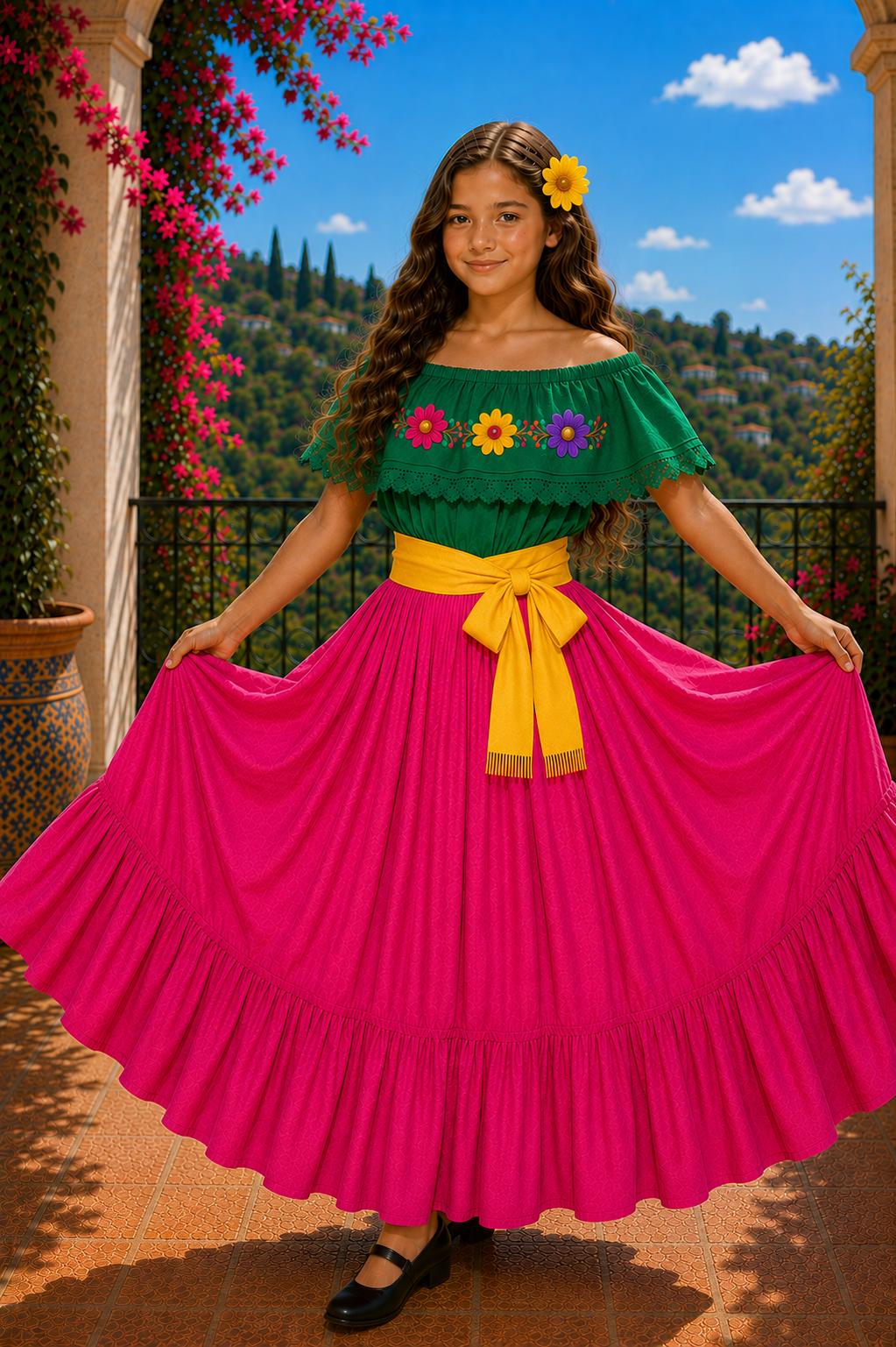 Image of Girls Mexican Embroidered Blouse and Skirt Set – Traditional Dance Clothing