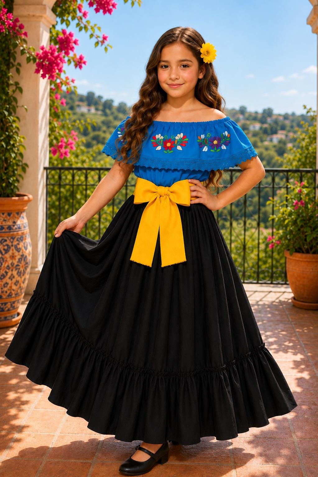 Image of 3 Piece Girls Dance Outfit, Folkloric skirt, Embroidered Ruffle Blouse & matching Belt