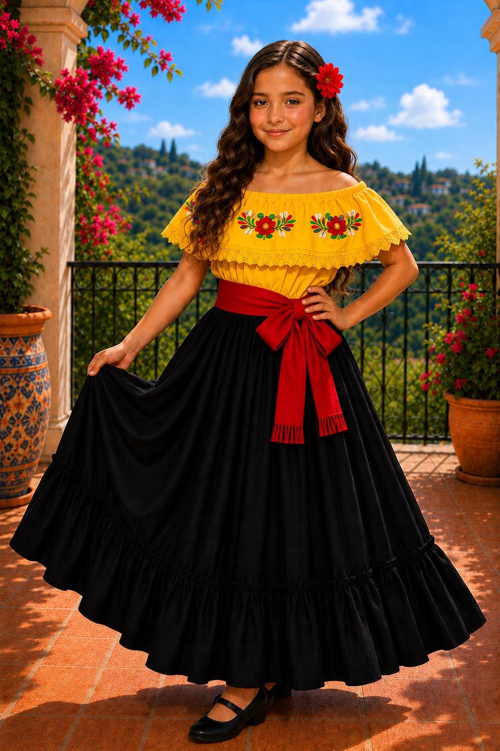 Image of 3 Piece Girls Dance Outfit, Folkloric skirt, Embroidered Ruffle Blouse & matching Belt