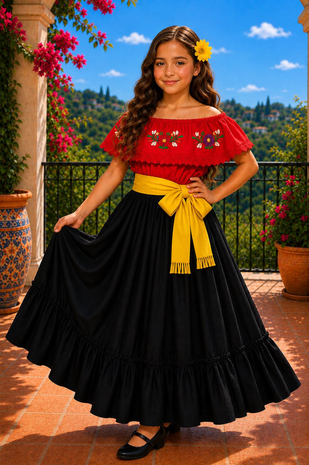 Image of 3 Piece Girls Dance Outfit, Folkloric skirt, Embroidered Ruffle Blouse & matching Belt