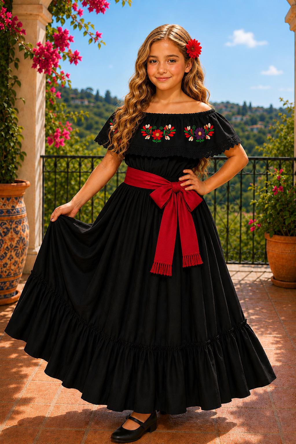 Image of 3 Piece Girls Dance Outfit, Folkloric skirt, Embroidered Ruffle Blouse & matching Belt