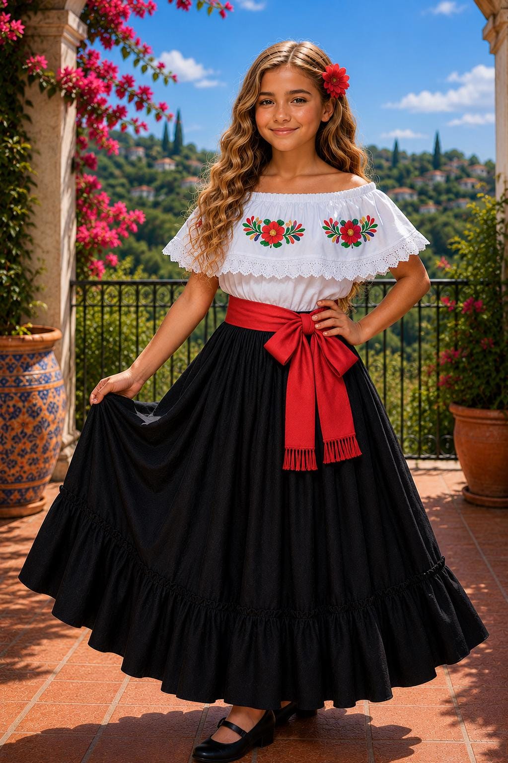 Image of 3 Piece Girls Dance Outfit, Folkloric skirt, Embroidered Ruffle Blouse & matching Belt