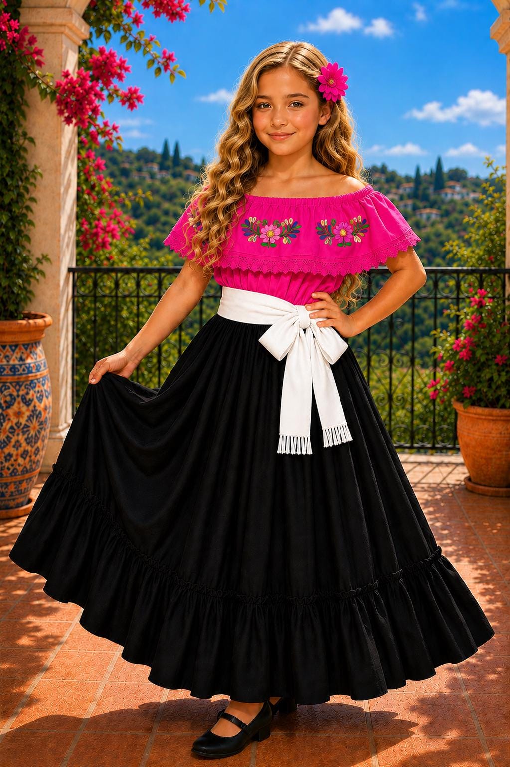 Image of 3 Piece Girls Dance Outfit, Folkloric skirt, Embroidered Ruffle Blouse & matching Belt