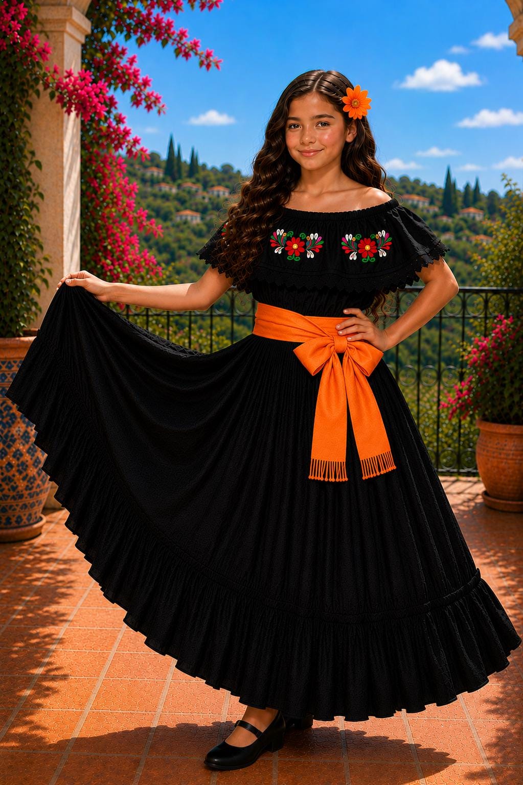 Image of 3 Piece Girls Dance Outfit, Folkloric skirt, Embroidered Ruffle Blouse & matching Belt