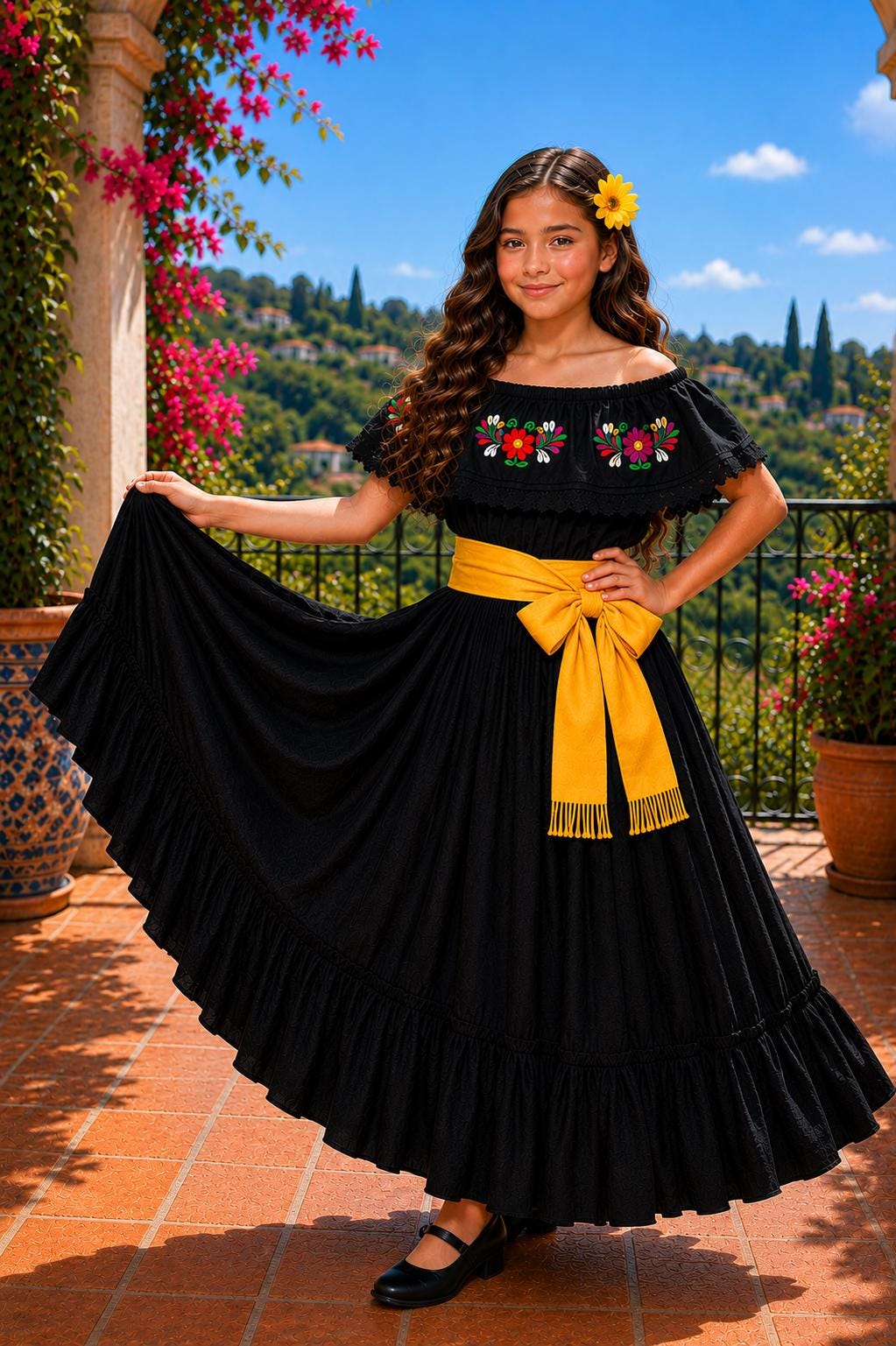Image of 3 Piece Girls Dance Outfit, Folkloric skirt, Embroidered Ruffle Blouse & matching Belt