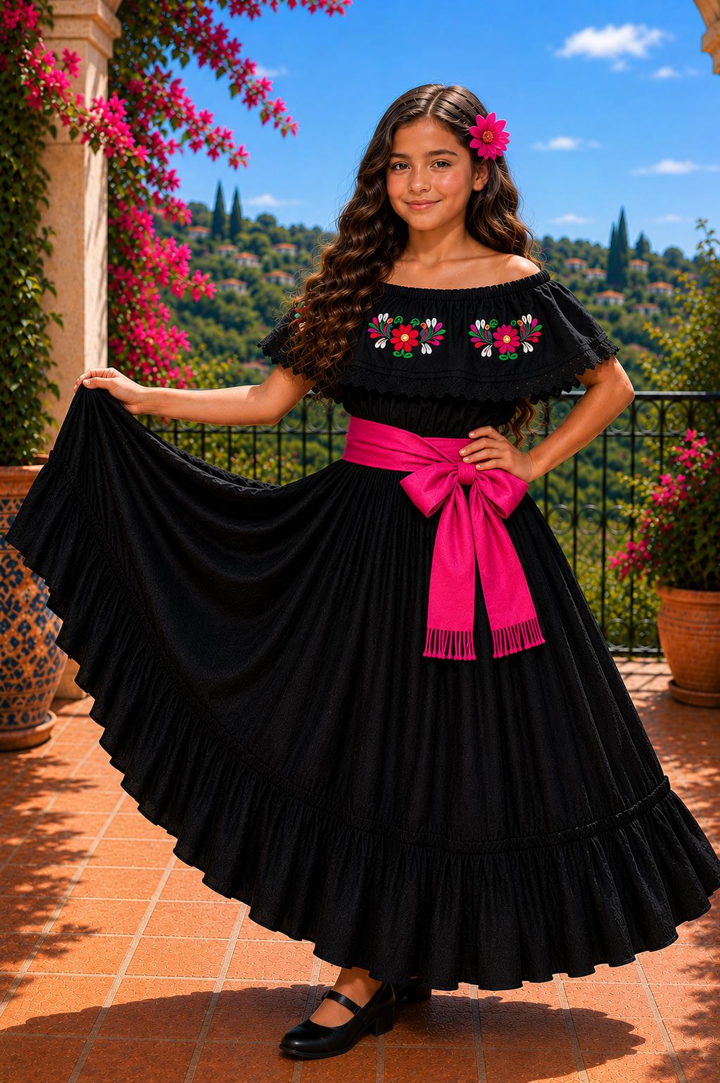 Image of 3 Piece Girls Dance Outfit, Folkloric skirt, Embroidered Ruffle Blouse & matching Belt
