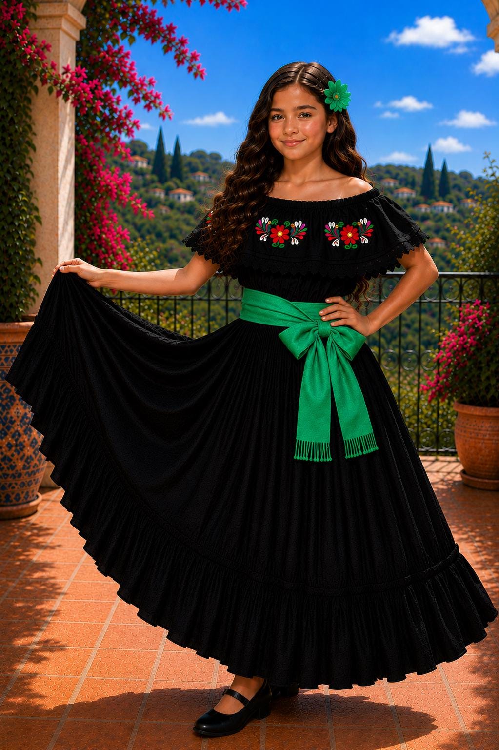 Image of 3 Piece Girls Dance Outfit, Folkloric skirt, Embroidered Ruffle Blouse & matching Belt