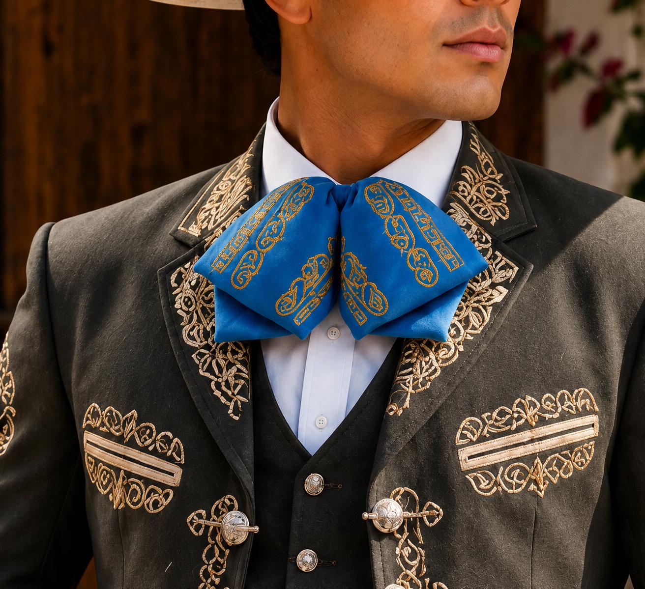 Image of Embroidered Turquoise color Charro Bow Tie | Traditional Mariachi Moño Neck Tie