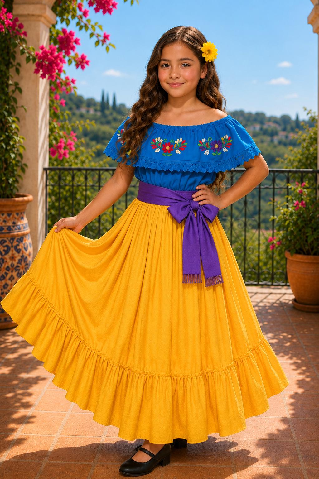 Image of 3 Piece Girls Dance Outfit, Folkloric skirt, Embroidered Ruffle Blouse & matching Belt